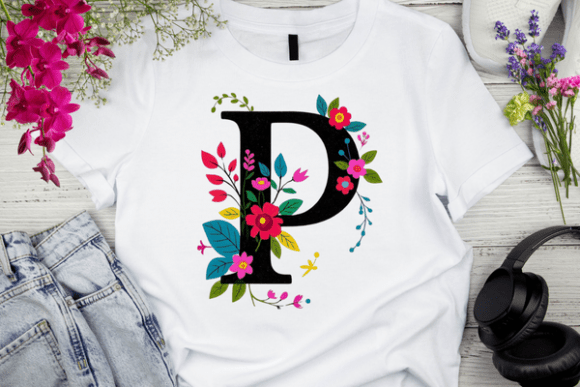 Black Letter P with Floral Decoration: A Bold Design Asset